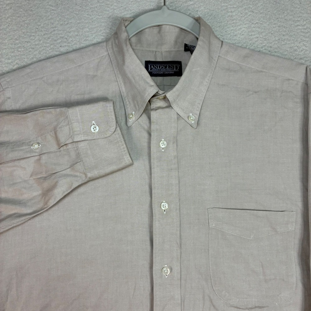 Vintage Lands End Pinpoint Oxford Shirt Men 15.5x35 Beige Striped OCBD 90s